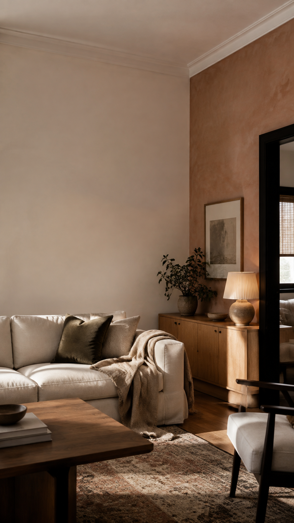 Warm professionally painted living room with a clay-toned feature wall.