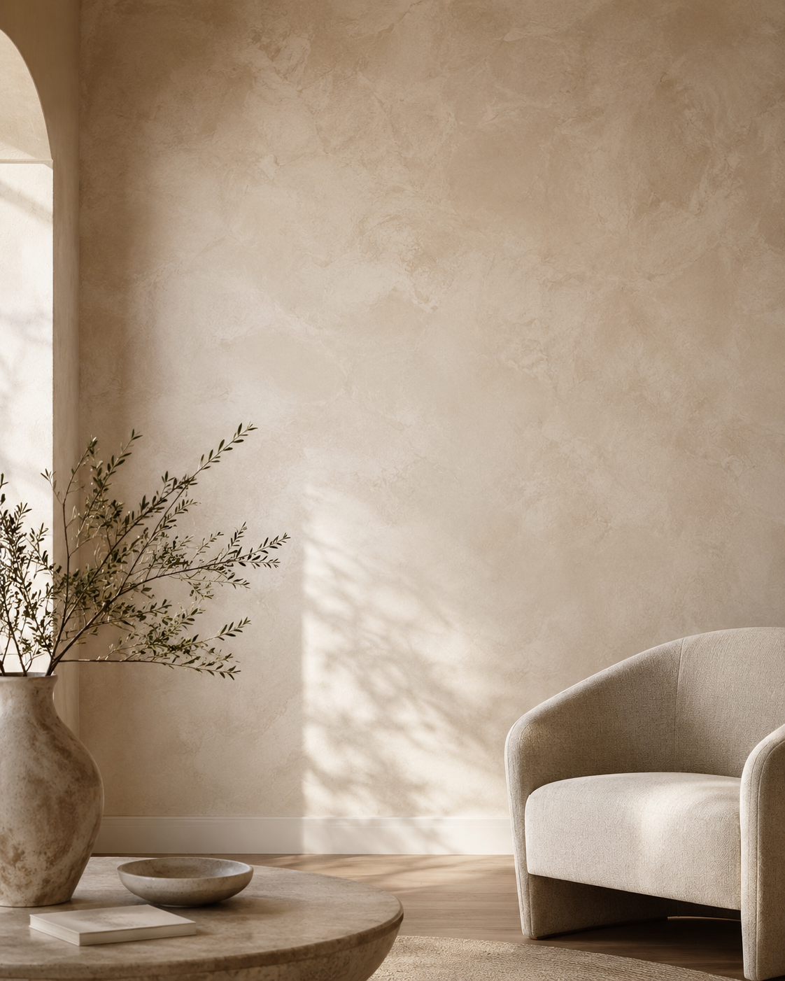 Soft neutral limewash wall finish in a sunlit living room