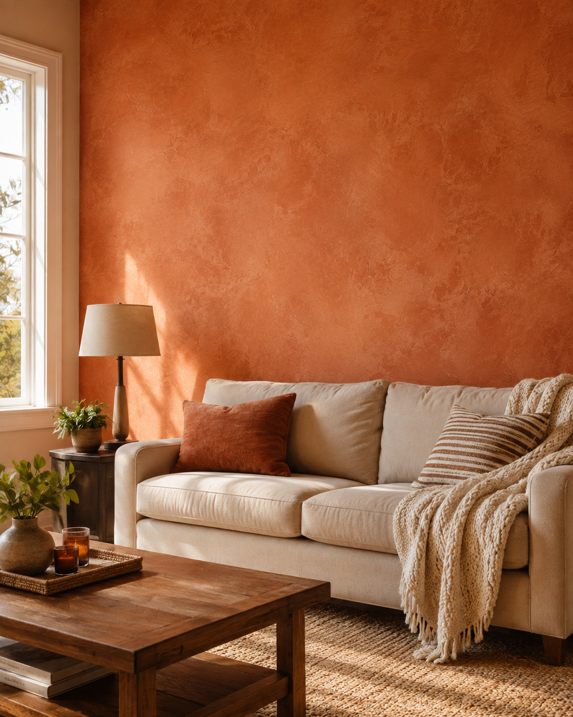 Warm terracotta custom wall finish in a residential living room